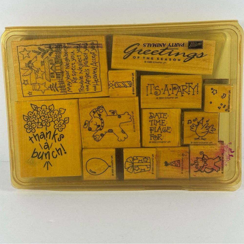 1999 Wooden Rubber Stamp Set with 13 Various Designs